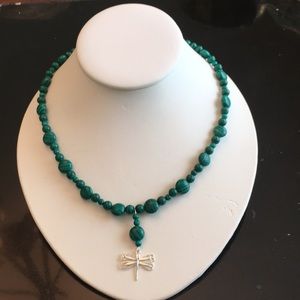 Dragonfly pendant, Malachite necklace & earrings